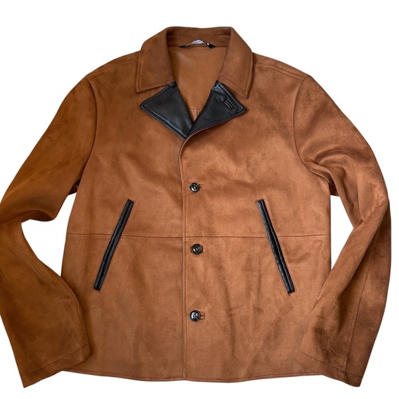Zara Mens Jacket XL Brown Faux‎ Suede Black Trim Button Front Collared Coat - Picture 2 of 10